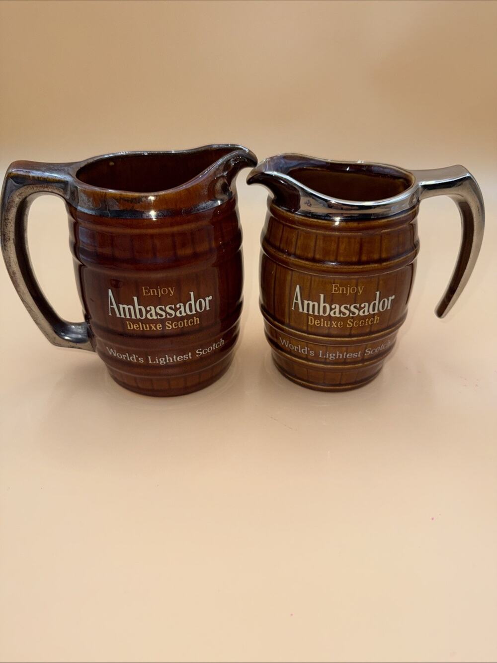 Pair Of Ambassador Deluxe Scotch Barrel Pitcher Mug Ceramic Vintage Whiskey USA